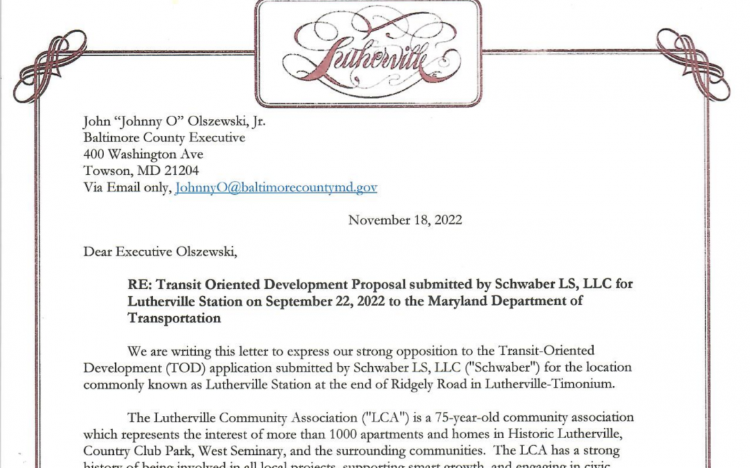 LCA reiterates the Community’s position against apartments at Lutherville Station as Baltimore County considers a Traffic Oriented Development (TOD) proposal