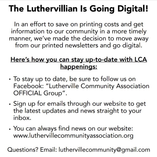 Lutherville Community Newsletter is going digital – Sign up!