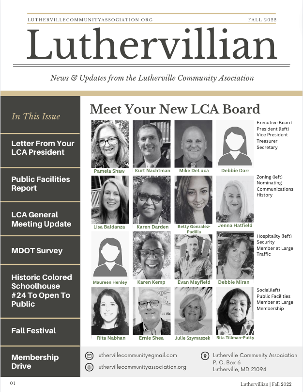 Front cover of Oct 2022 Newsletter with black and white headshots of the LCA board.